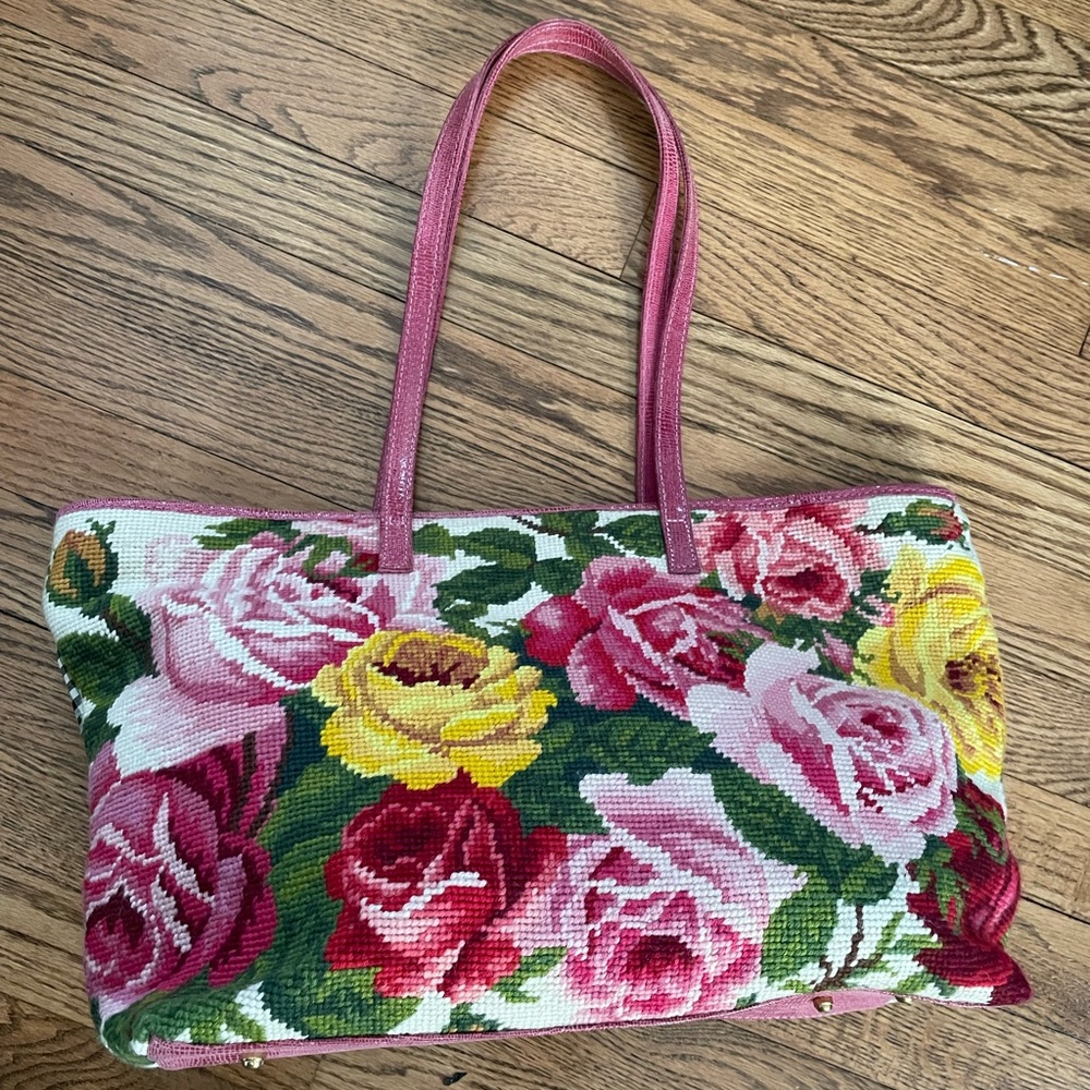 Clever Carriage Company Cabbage Rose needlepoint tote